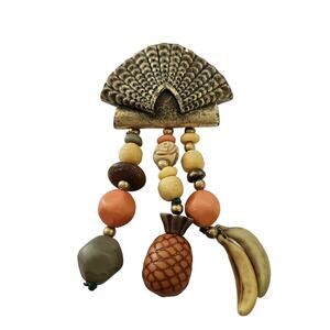 Vintage Wooden Fruit Salad Dangle Brooch, 3.5" Long